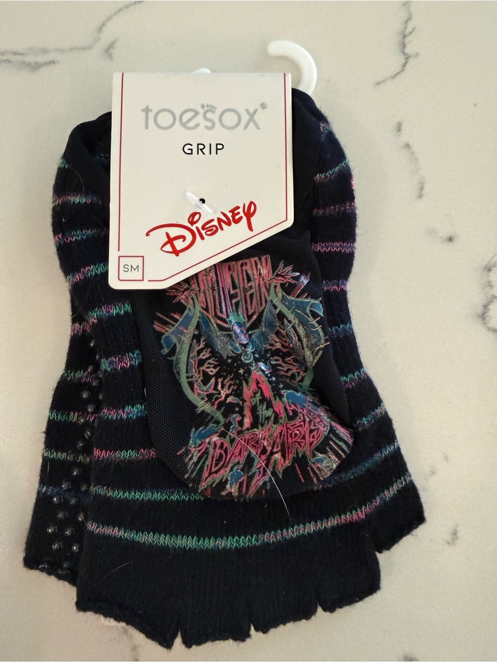toesox Disney Grip Fingerless Socks in Black with Multicolor Stripes